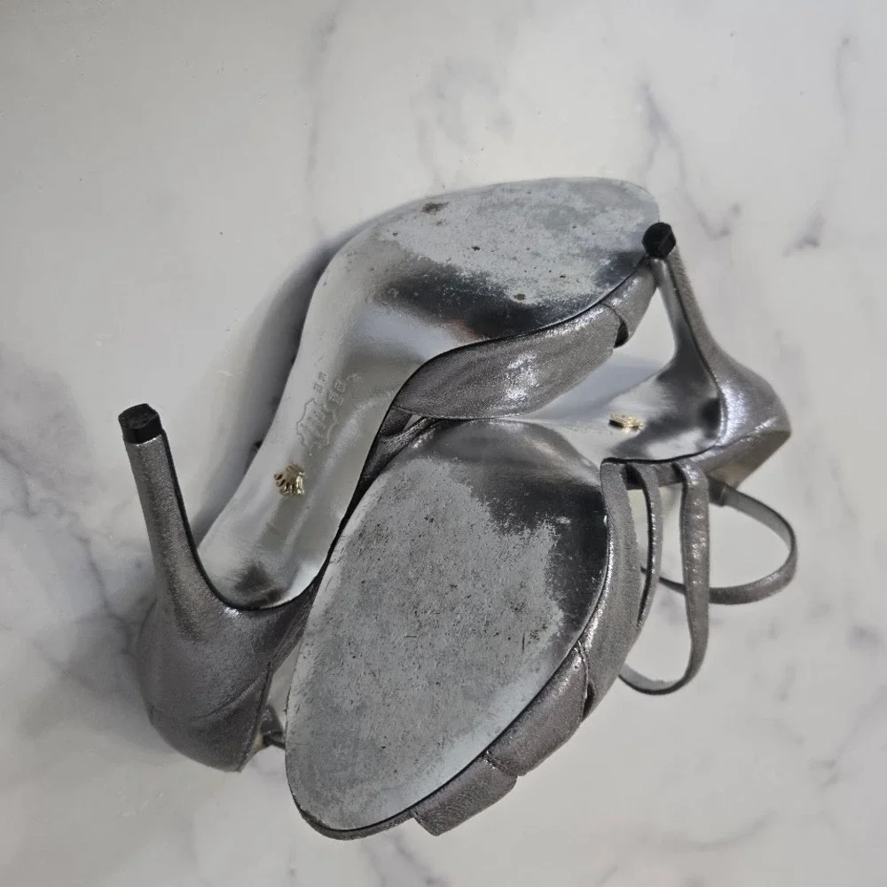 Nina Strappy Sandals Womens 8‎ Silver Metallic Dress Heels Peep Toe Formal Party